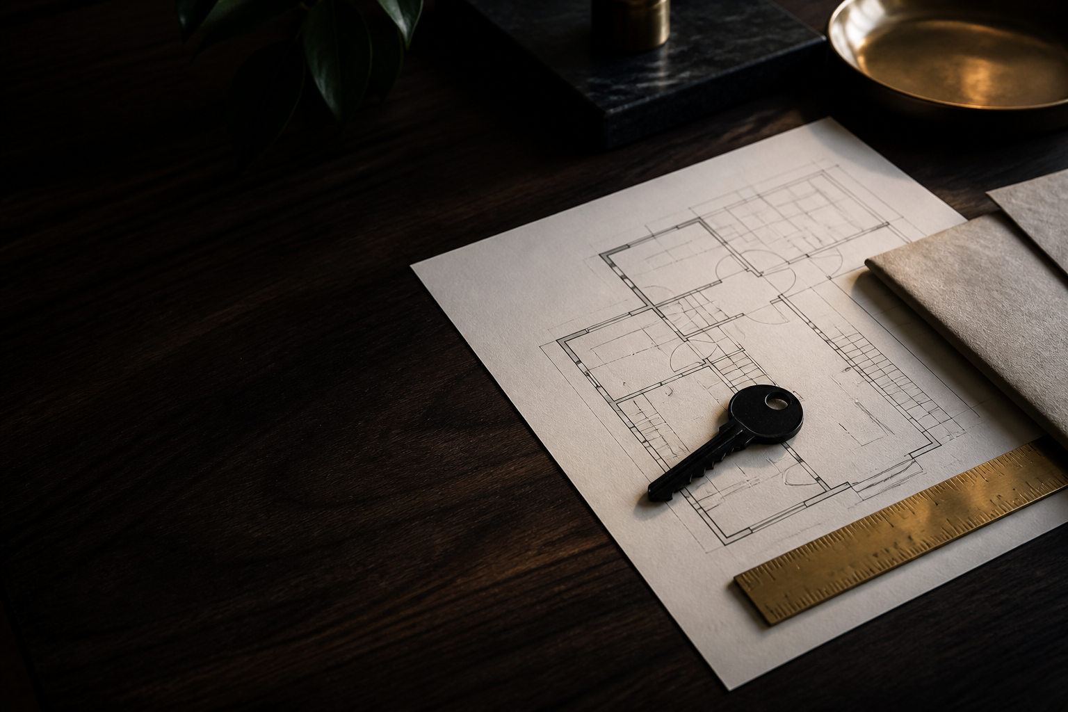 Architectural floor plan and house key on a dark walnut desk